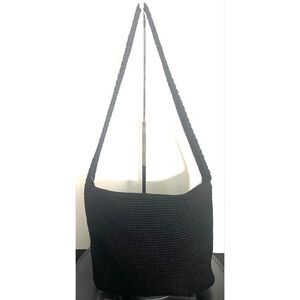 THE SAK Crochet Shoulder Bag Purse Black Top Zip Closure Logo Tag.